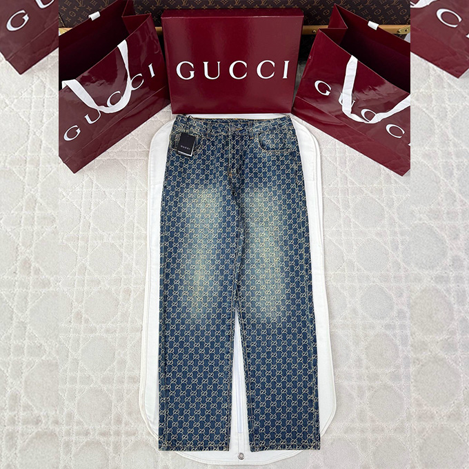 gucci gg allover printed washed jacquard denim pants